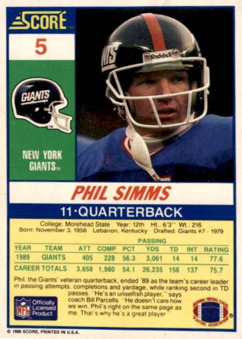 1990 Score Phil Simms . New York Giants #5