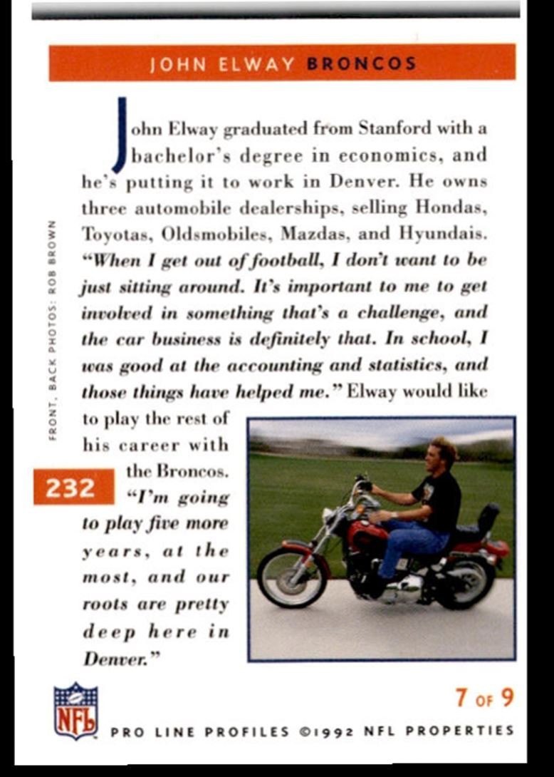 1992 Pro Line Profiles John Elway , Denver Broncos #232