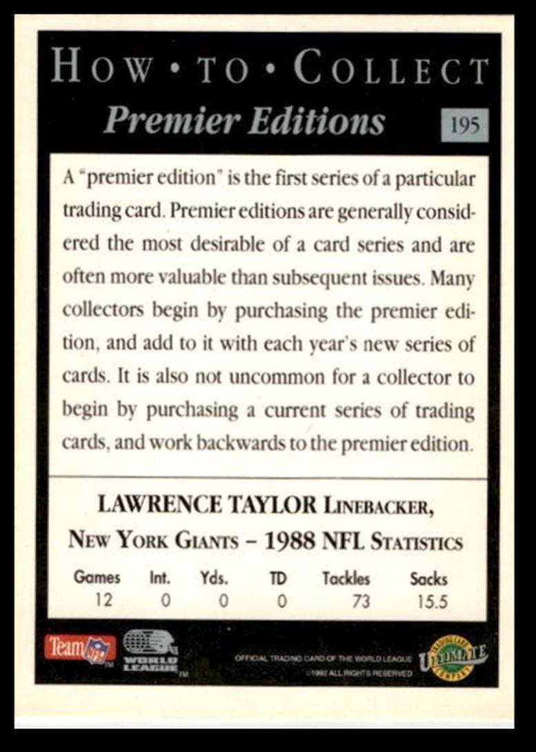 1992 Ultimate WLAF Premier Editions . New York Giants #195