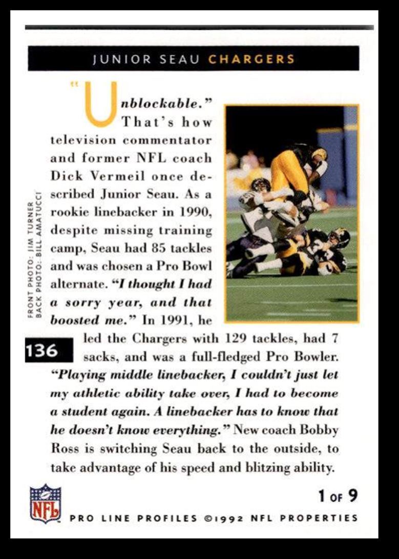 1992 Pro Line Profiles Junior Seau San Diego Chargers #136