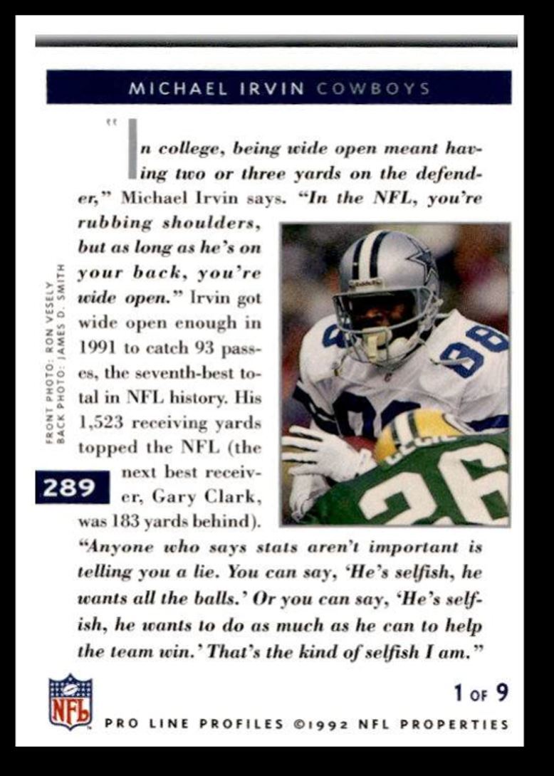 1992 Pro Line Profiles Michael Irvin , Dallas Cowboys #289