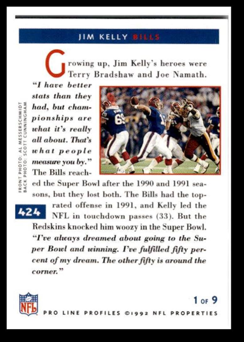 1992 Pro Line Profiles Jim Kelly Buffalo Bills #424