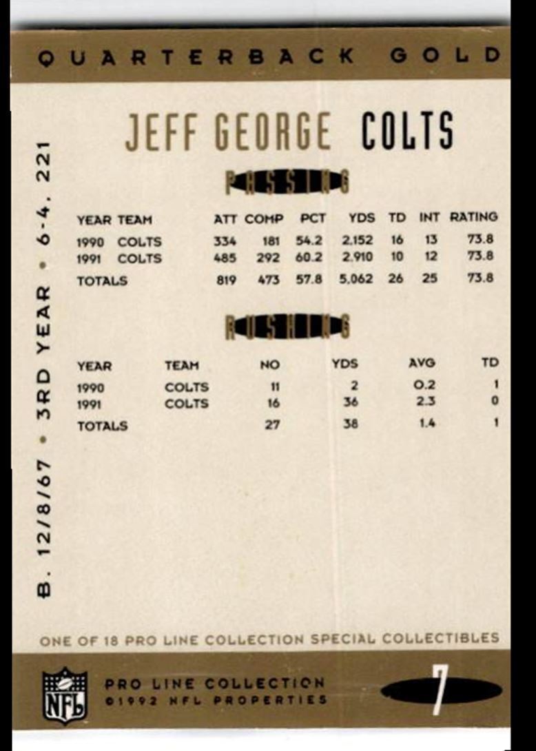 1992 Pro Line Jeff George Indianapolis Colts #7