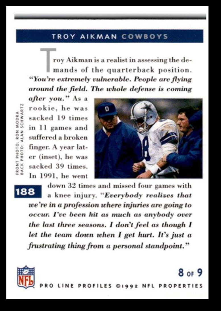 1992 Pro Line Profiles Troy Aikman Dallas Cowboys #188