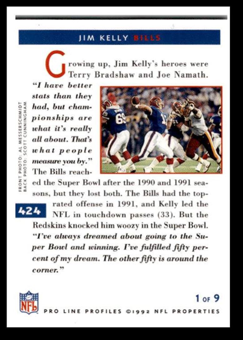 1992 Pro Line Profiles Jim Kelly . Buffalo Bills #424