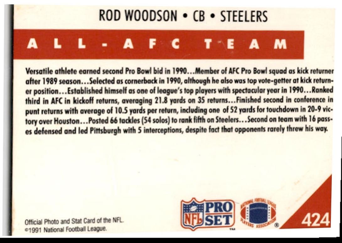 1991 Pro Set Rod Woodson Pittsburgh Steelers #424