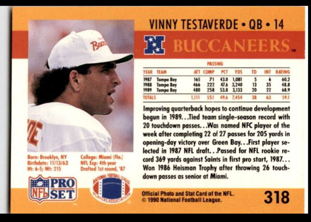 1990 Pro Set Vinny Testaverde Tampa Bay Buccaneers #318