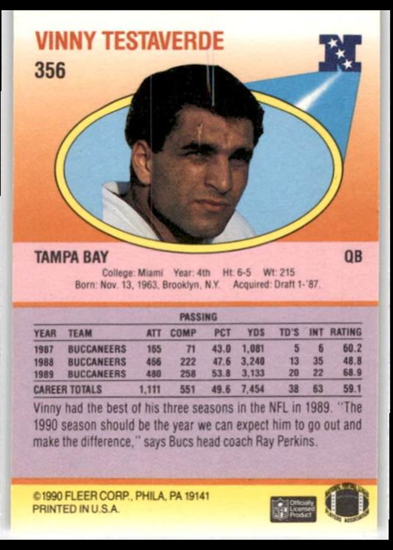 1990 Fleer Vinny Testaverde ` Tampa Bay Buccaneers #356