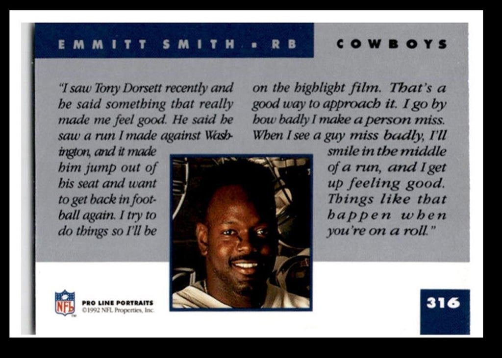 1992 Pro Line Portraits Emmitt Smith Dallas Cowboys #316