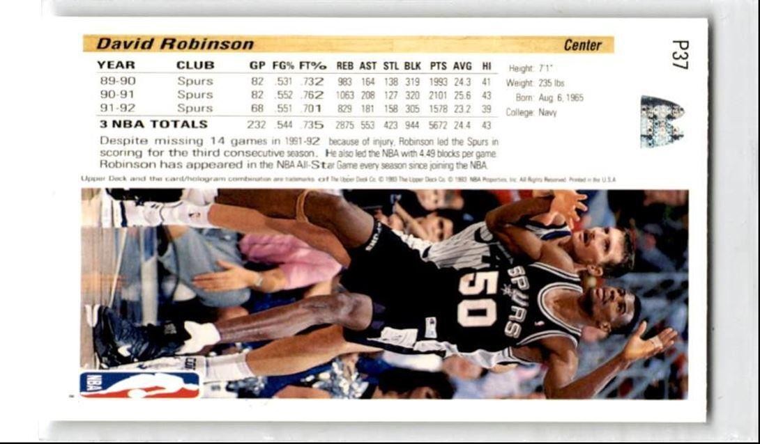 1992-93 Upper Deck McDonald's David Robinson San Antonio Spurs #P37