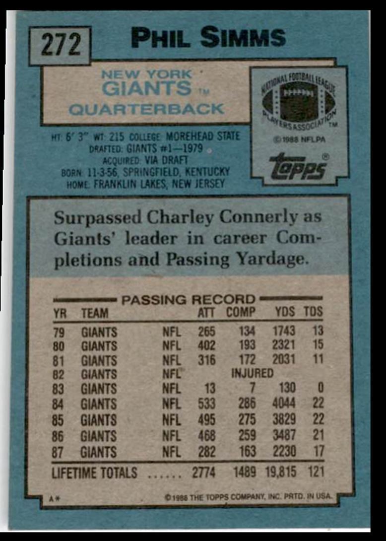 1988 Topps Phil Simms New York Giants #272