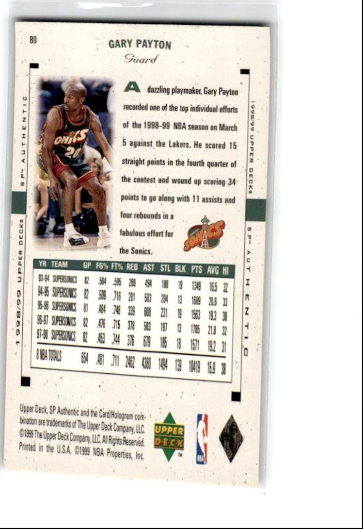 1998-99 SP Authentic Gary Payton Seattle SuperSonics #80
