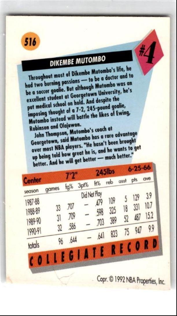 1991-92 SkyBox Dikembe Mutombo HOF Rookie Denver Nuggets #516