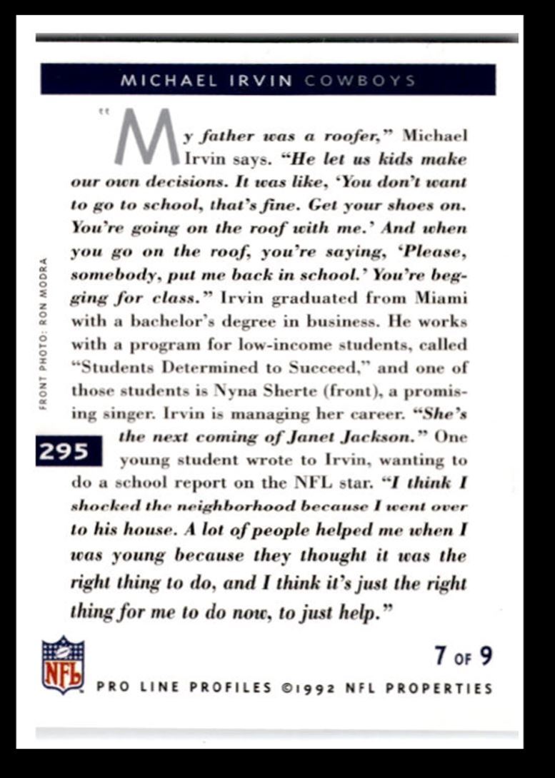 1992 Pro Line Profiles Michael Irvin , Dallas Cowboys #295