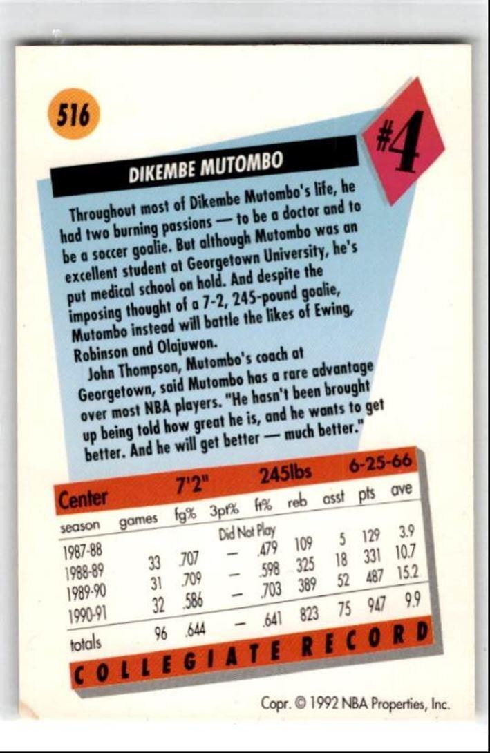 1991-92 SkyBox Dikembe Mutombo Rookie . Denver Nuggets #516
