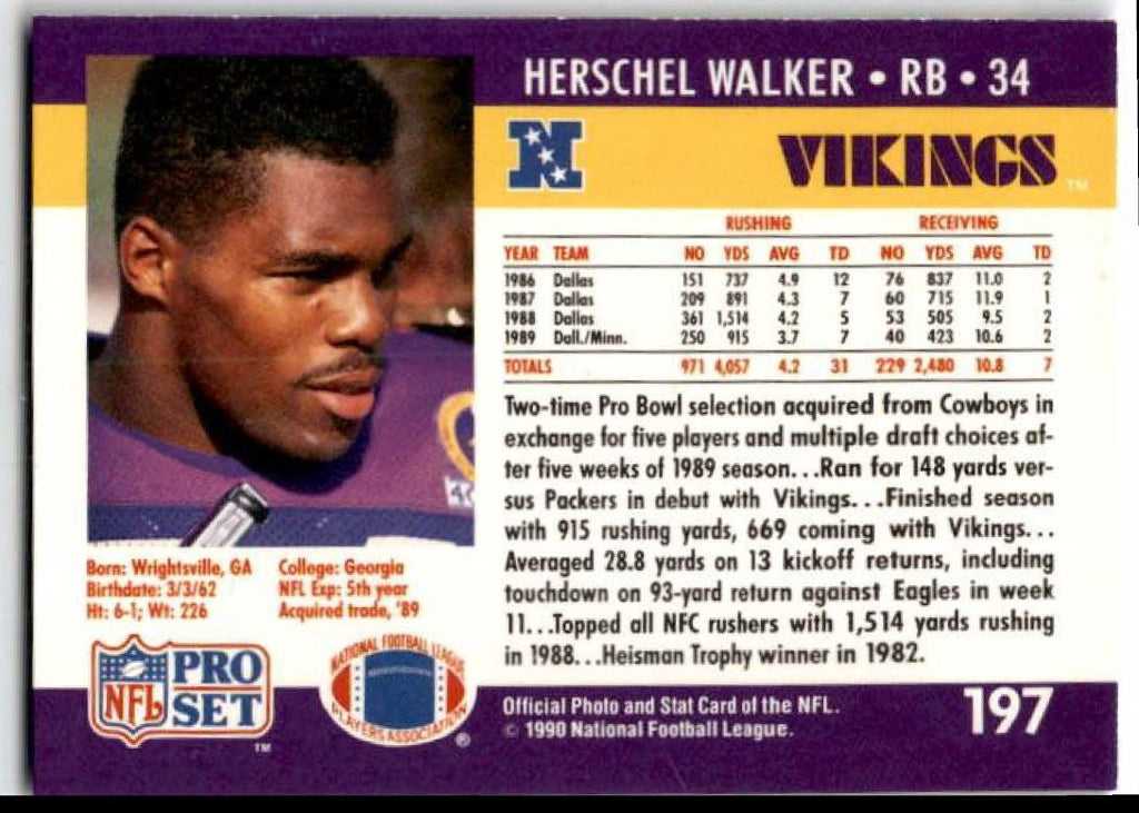 1990 Pro Set Herschel Walker . Minnesota Vikings #197
