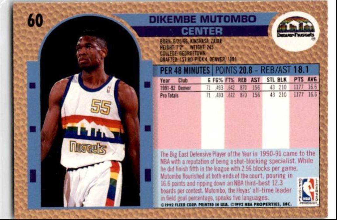 1992-93 Fleer Dikembe Mutombo Denver Nuggets #60