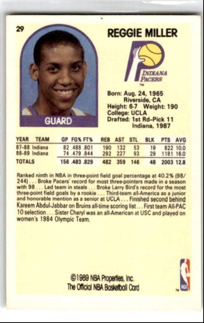 1989-90 Hoops Reggie Miller . Indiana Pacers #29