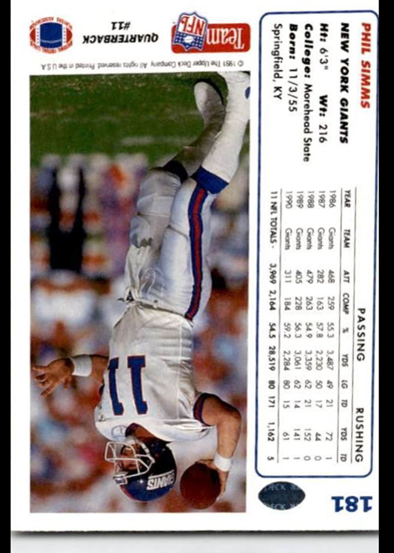 1991 Upper Deck Phil Simms `` New York Giants #181