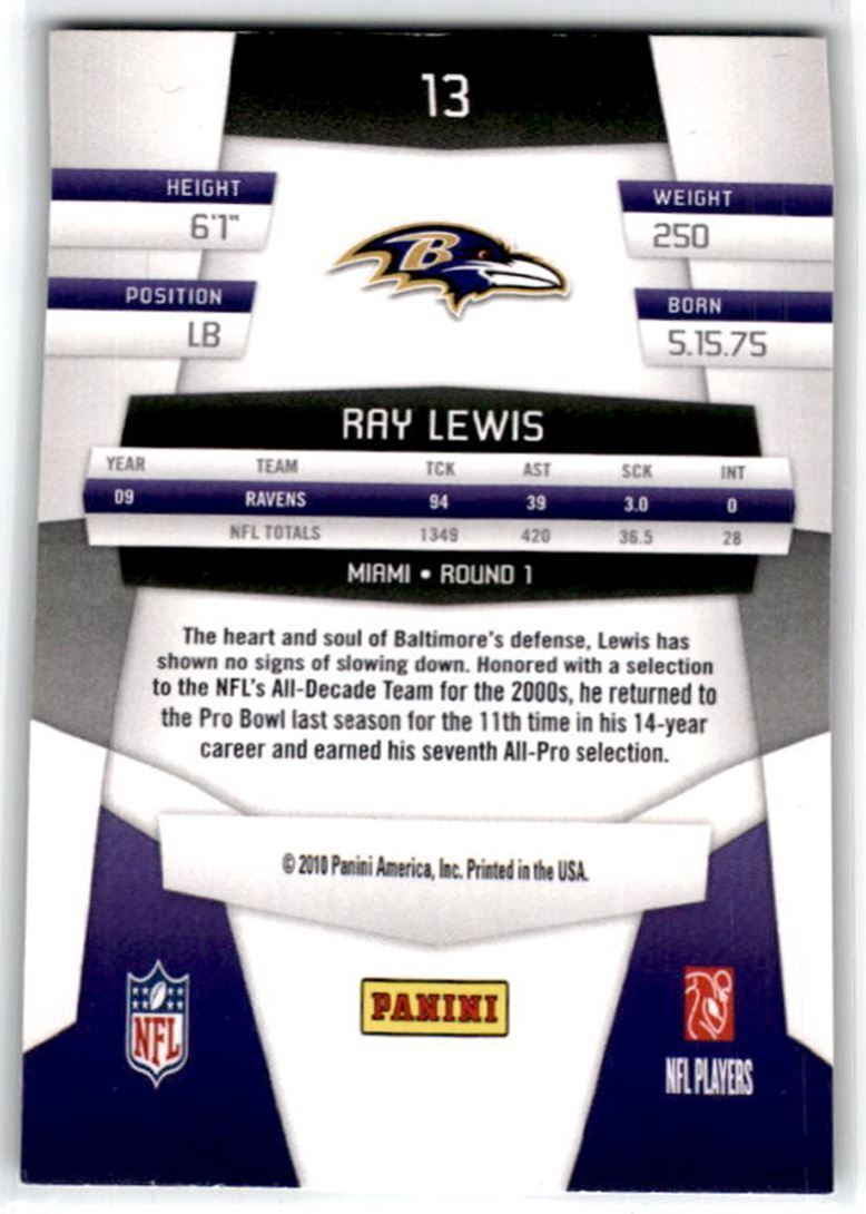 2010 Panini Certified Ray Lewis Baltimore Ravens #13