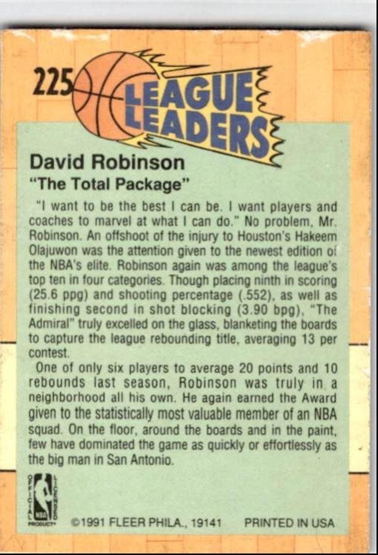 1991-92 Fleer David Robinson San Antonio Spurs #225