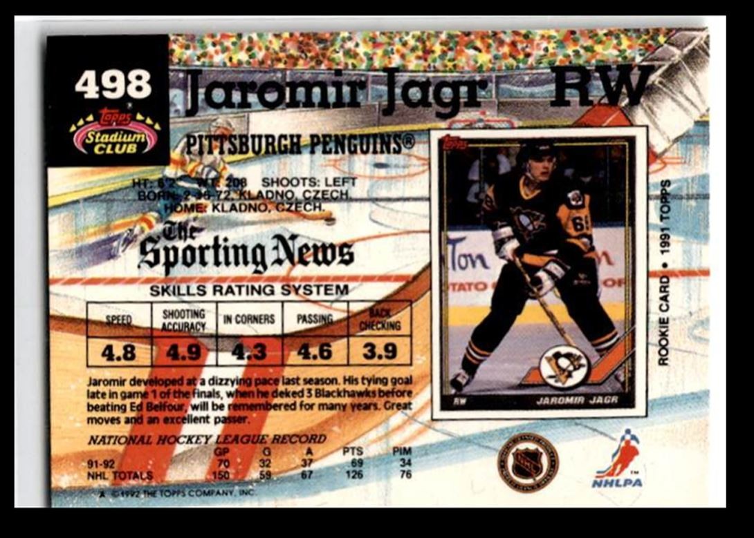 1992-93 Stadium Club Jaromir Jagr New York Rangers/Philadelphia Flyers #498