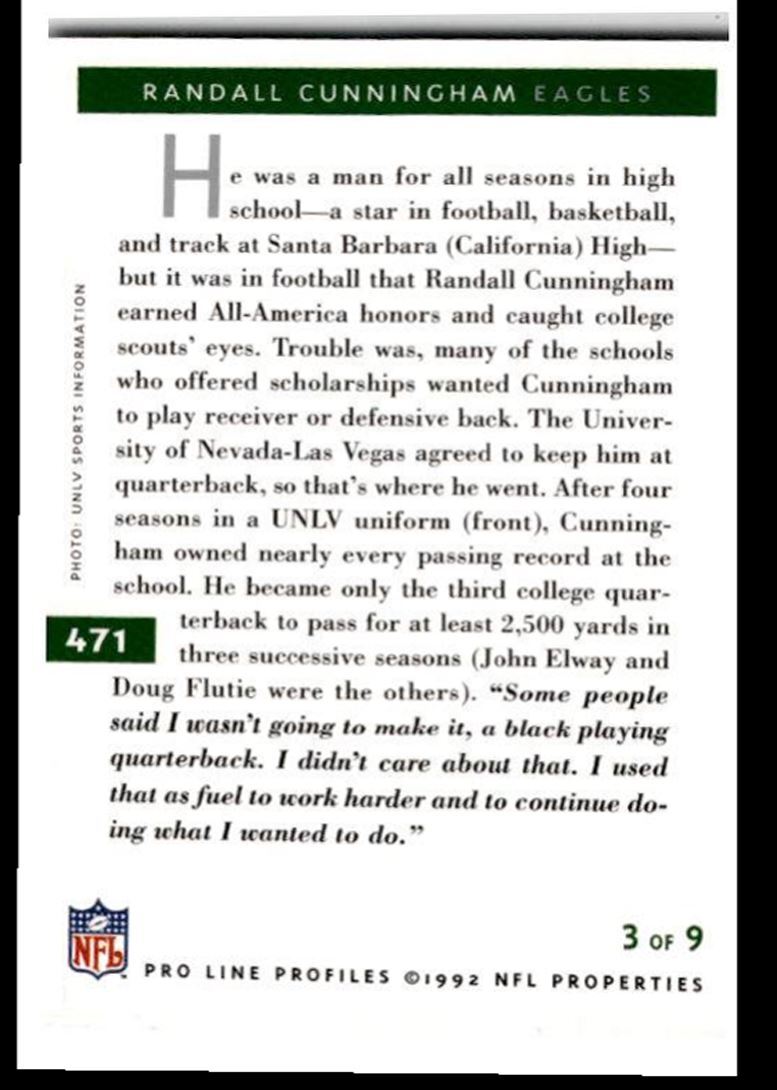 1992 Pro Line Profiles Randall Cunningham , Philadelphia Eagles #471