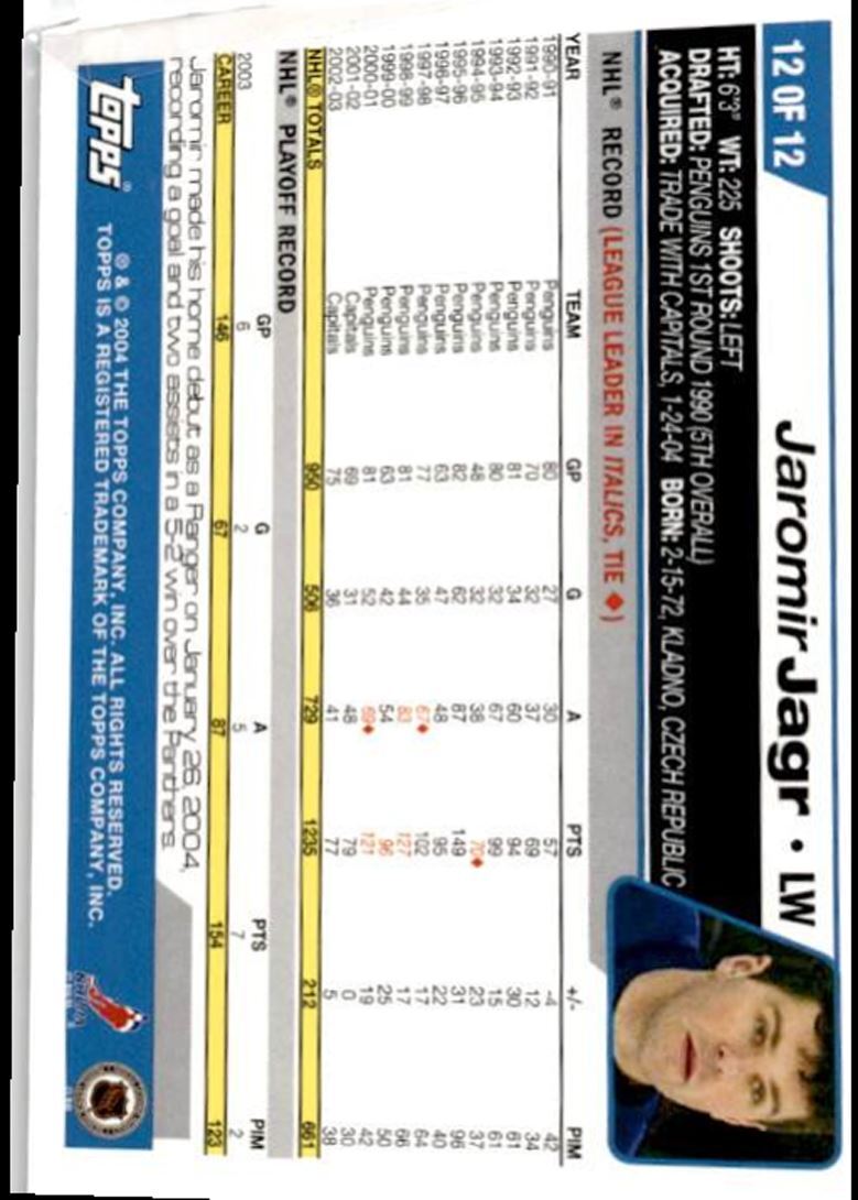 2003-04 Topps Jaromir Jagr hof New York Rangers #12
