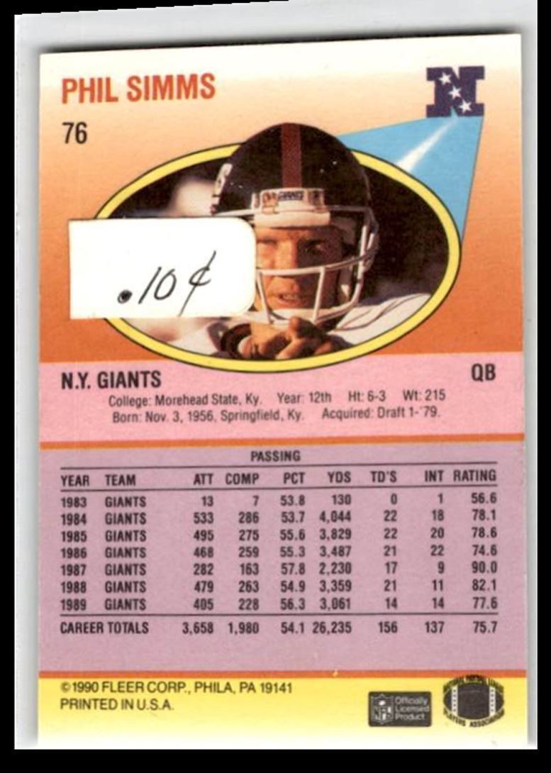 1990 Fleer Phil Simms . New York Giants #76