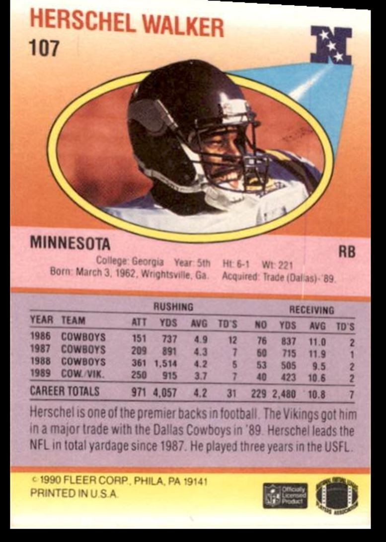 1990 Fleer Herschel Walker _ Minnesota Vikings #107