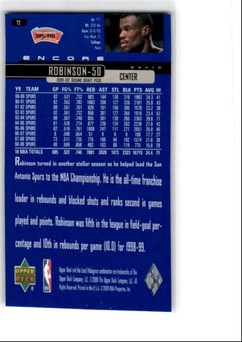 1999-00 Upper Deck Encore David Robinson San Antonio Spurs #72