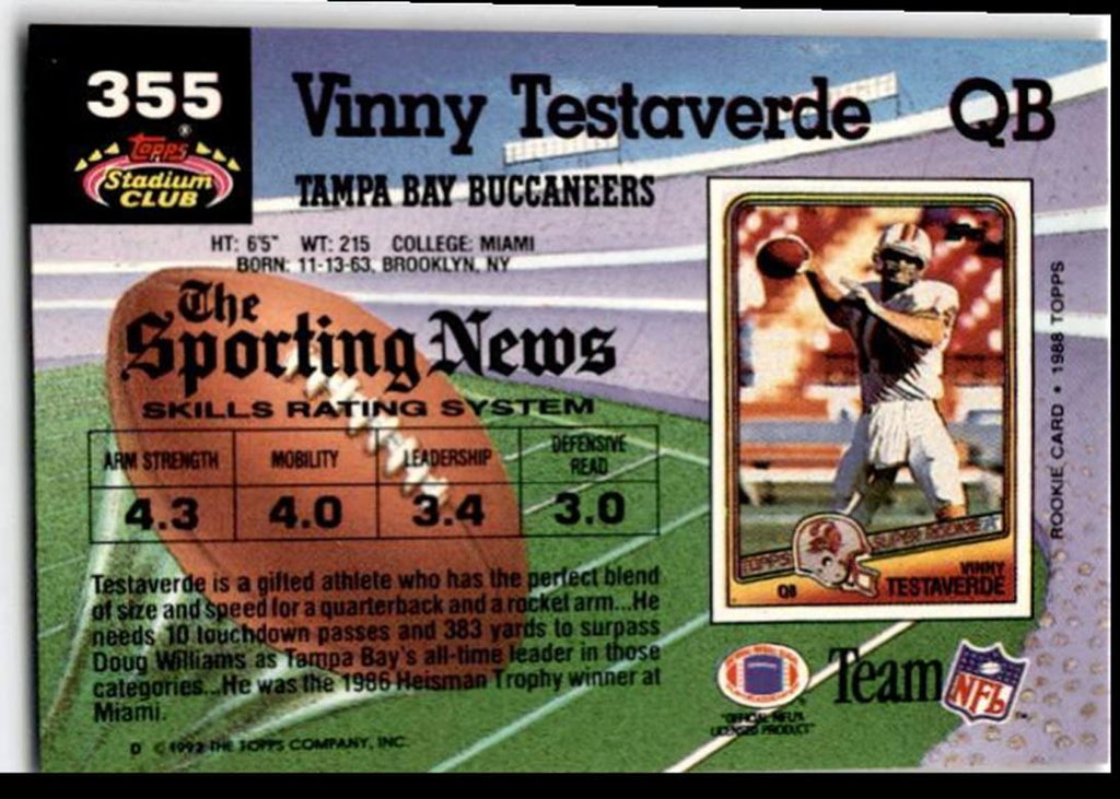 1992 Stadium Club Vinny Testaverde Tampa Bay Buccaneers #355