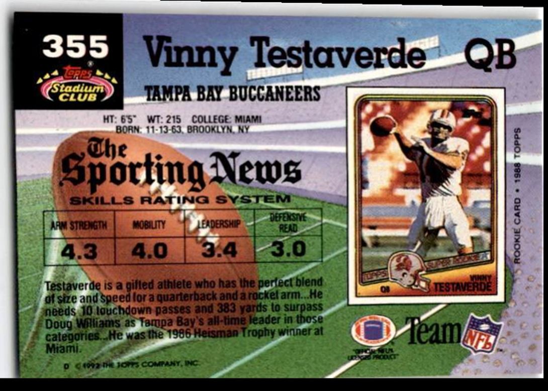 1992 Stadium Club Vinny Testaverde Tampa Bay Buccaneers #355