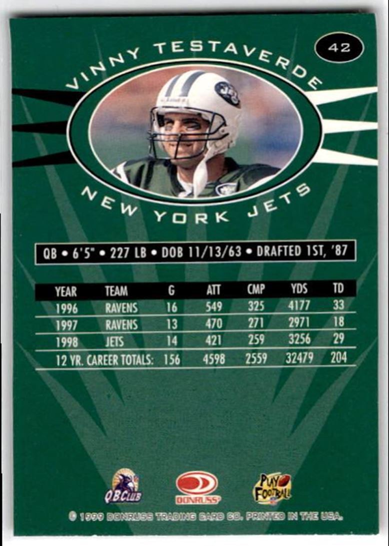 1998 Donruss Preferred QBC Vinny Testaverde New York Jets #42