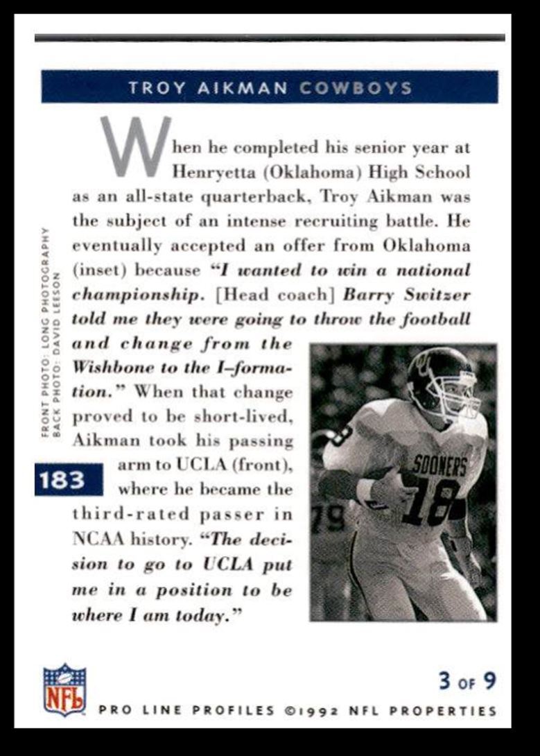 1992 Pro Line Profiles Troy Aikman , Dallas Cowboys #183