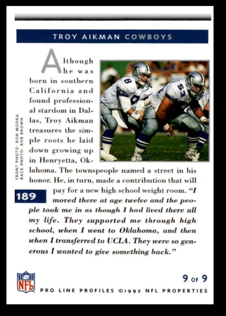 1992 Pro Line Profiles Troy Aikman ,, Dallas Cowboys #189