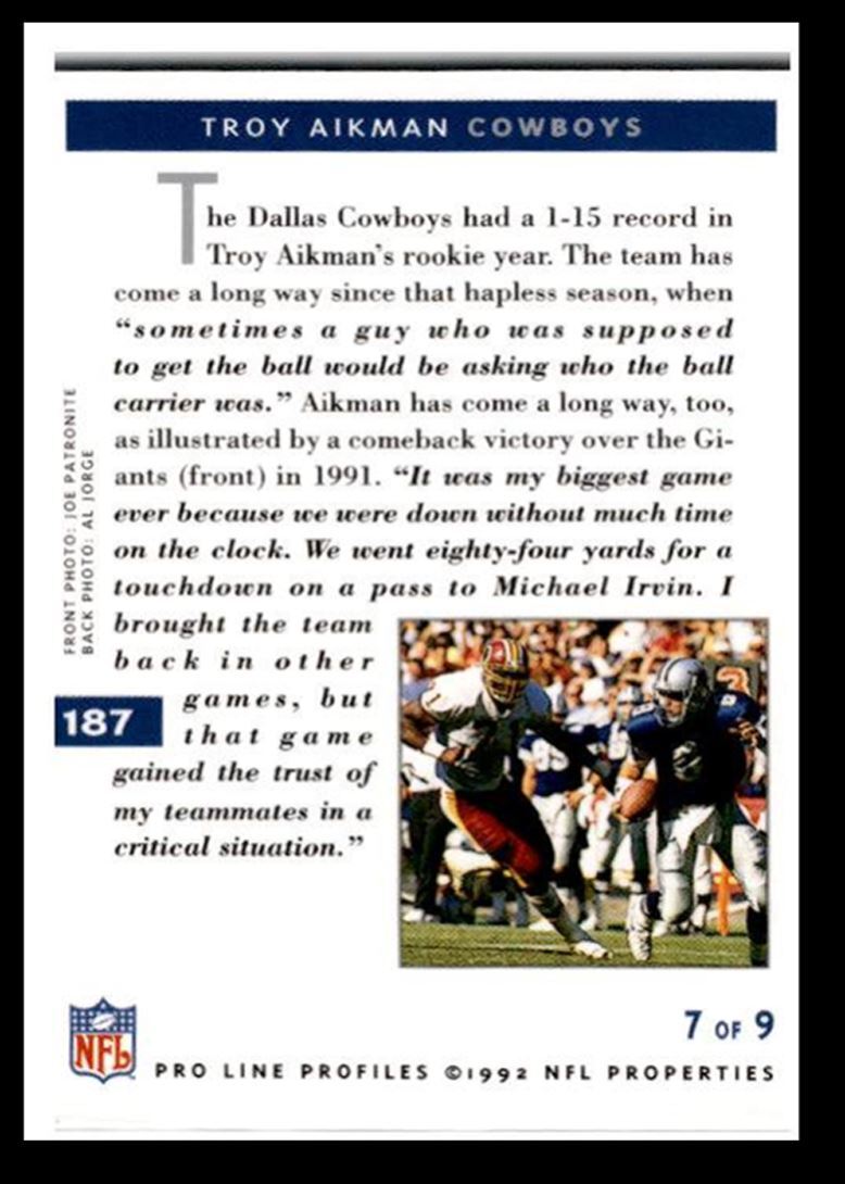 1992 Pro Line Profiles Troy Aikman Dallas Cowboys #187