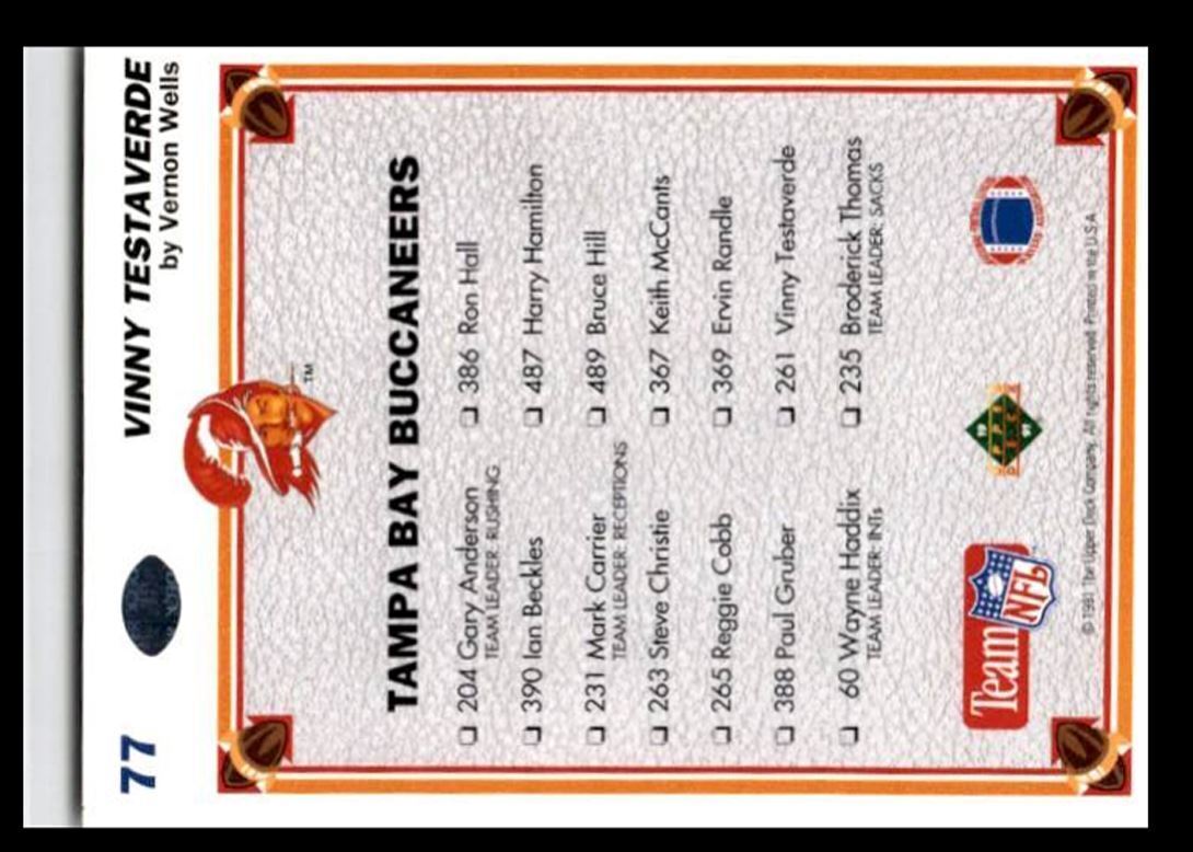 1991 Upper Deck Vinny Testaverde `` Tampa Bay Buccaneers #77