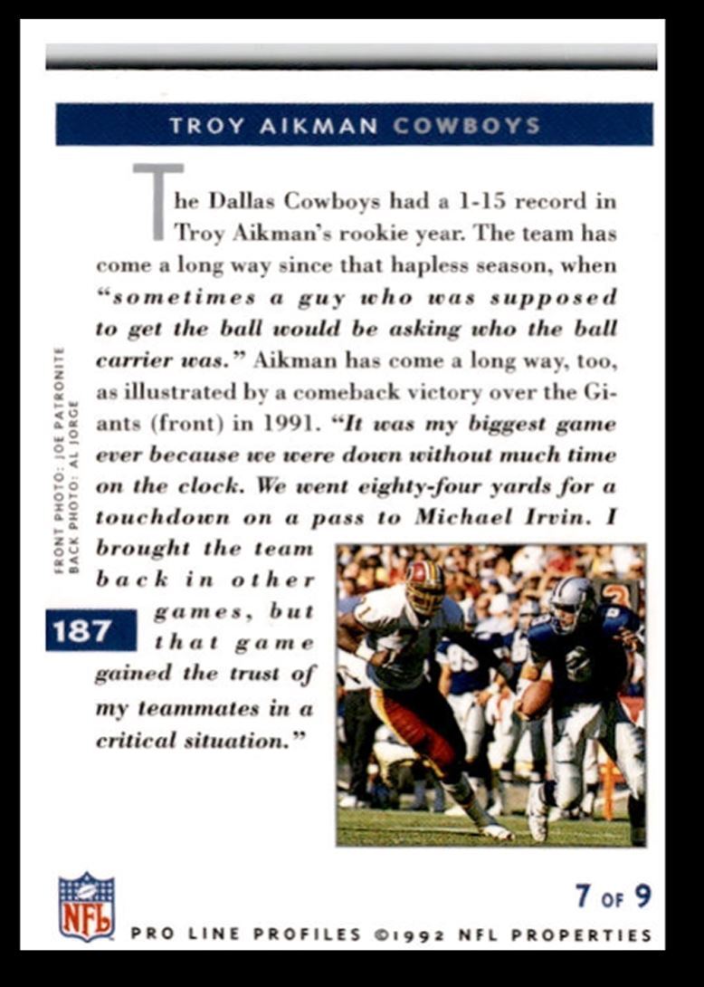 1992 Pro Line Profiles Troy Aikman ,, Dallas Cowboys #187