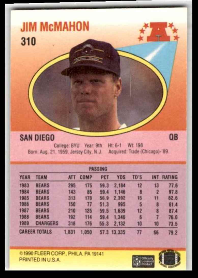 1990 Fleer Jim McMahon . San Diego Chargers #310