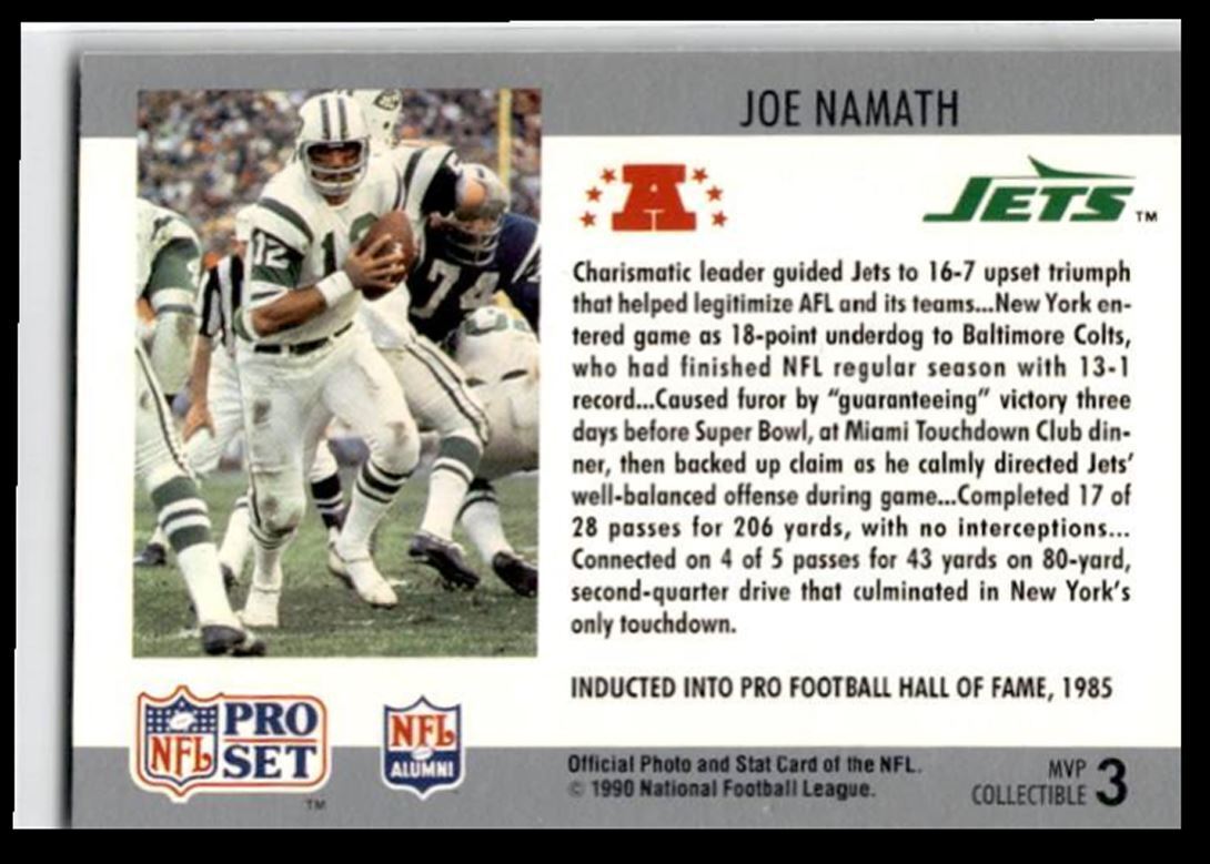 1990 Pro Set Super Bowl MVP Collectibles Joe Namath New York Jets #3