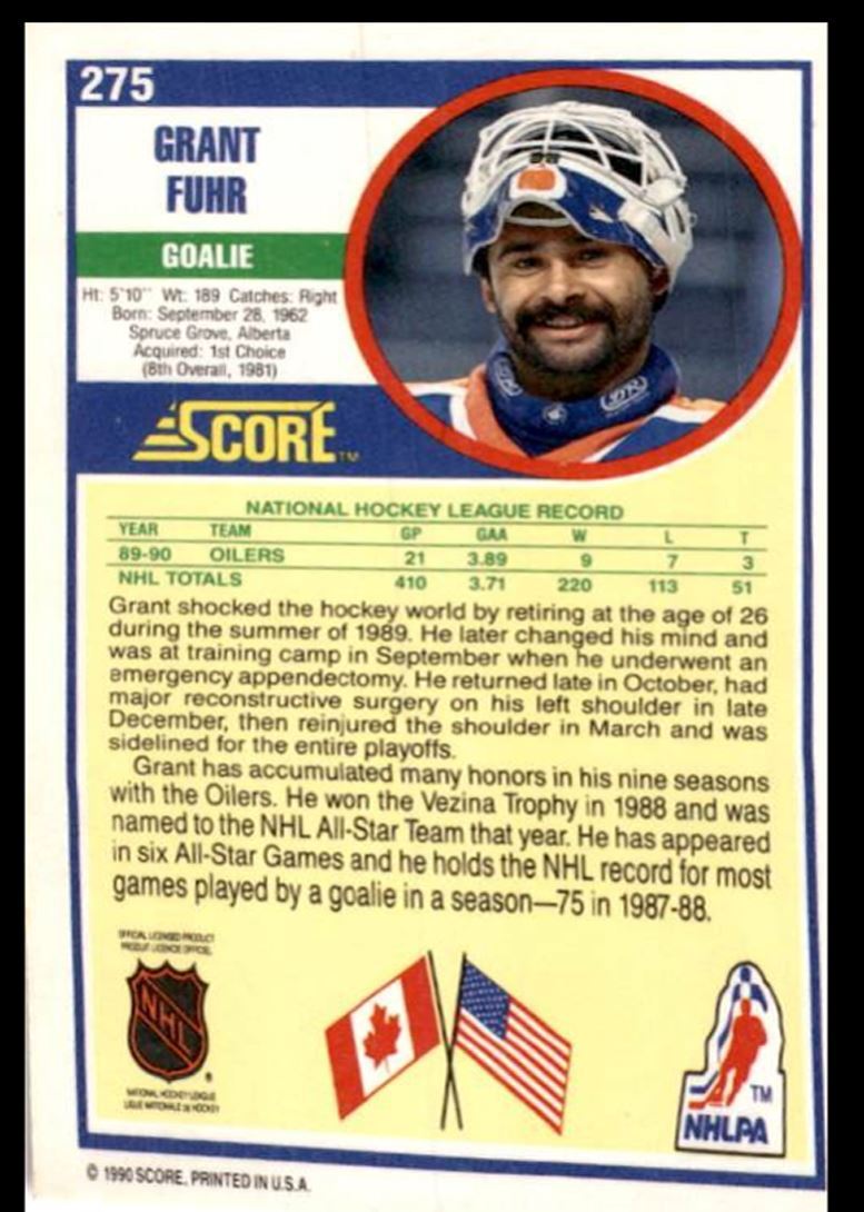 1990-91 Score Grant Fuhr Edmonton Oilers #275