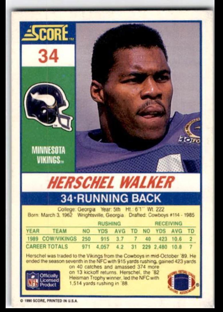 1990 Score Herschel Walker Minnesota Vikings #34
