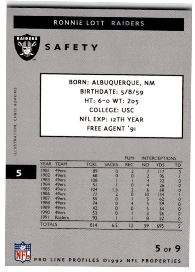1992 Pro Line Portraits Ronnie Lott Los Angeles Raiders #5
