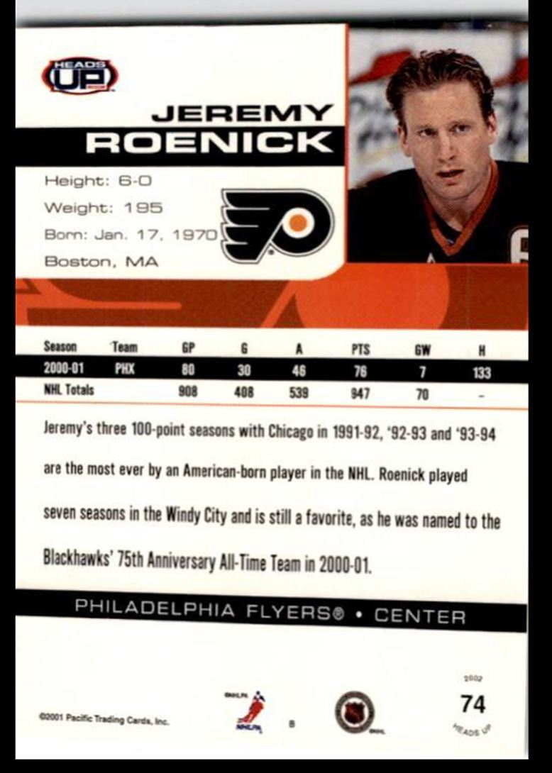 2001-02 Pacific Heads Up Jeremy Roenick Philadelphia Flyers #74