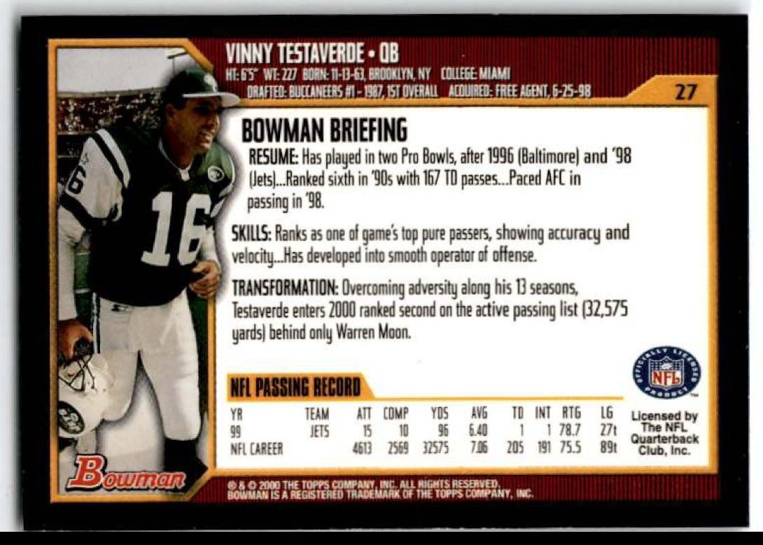 2000 Bowman Vinny Testaverde New York Jets #27