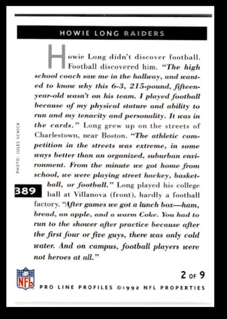 1992 Pro Line Profiles Howie Long Los Angeles Raiders #389