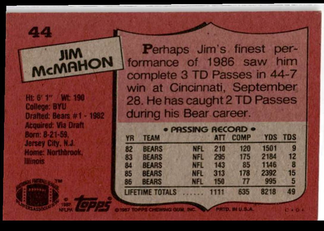 1987 Topps Jim McMahon Chicago Bears #44