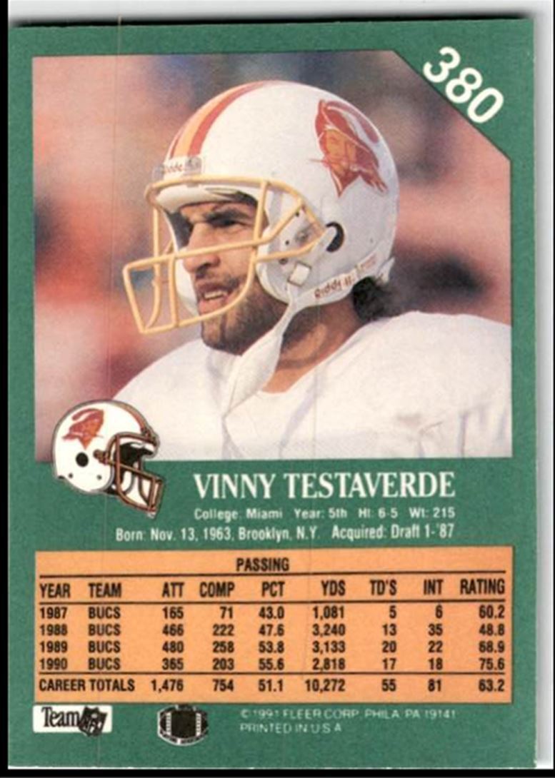 1991 Fleer Vinny Testaverde Tampa Bay Buccaneers #380