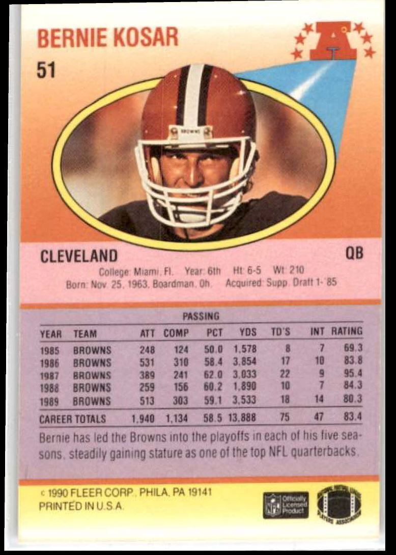 1990 Fleer Bernie Kosar ` Cleveland Browns #51